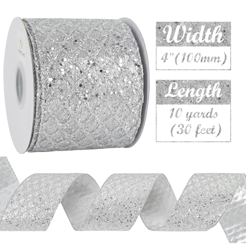Silver Glitter Diamond Christmas Wired Ribbon 4 inch x 10 Yards (30 Foot)