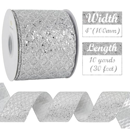 Silver Glitter Diamond Christmas Wired Ribbon 4 inch x 10 Yards (30 Foot)