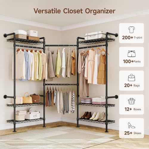 L3 Wall Mounted Metal Pipe Closet System Heavy Duty Garment Rack