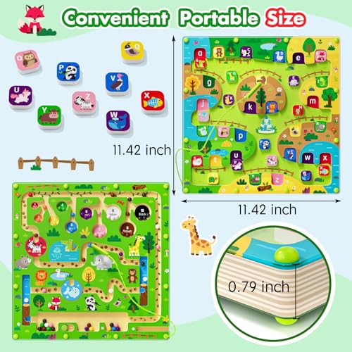 2 in 1 Magnetic Color and Number Maze Magnet Alphabet Counting Double Sided Board Wood Puzzle Fine Motor Skills Montessori Preschool Toys Gifts for Boys and Girls 3