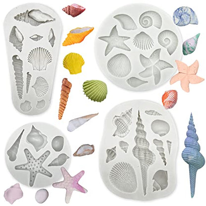 4 PCS Marine Theme Cake Fondant Silicone Mold Seashell Conch Starfish Baking Molds (4 Count)