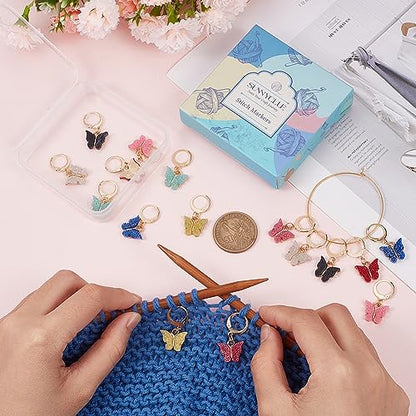 1 Box 16Pcs 8 Colors Knitting Crochet Markers Knitting Markers Charms Spring Butterfly Crochet Leverback Charms for Weaving Sewing Needleworks Women Adults DIY Supplies (16 Count)