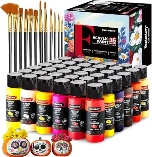 60ml 36 Colors Acrylic Paint Set with 12 Brushes (72 Fl Oz)