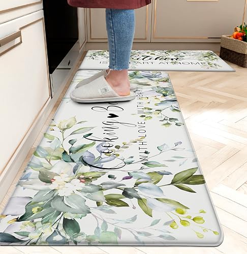 Green Kitchen Rug Anti Fatigue Mats for Kitchen Floor Kitchen Rugs Sage Green Floral Herb Memory Foam Kitchen Mat Cushioned PVC Leather Kitchen Rug Set
