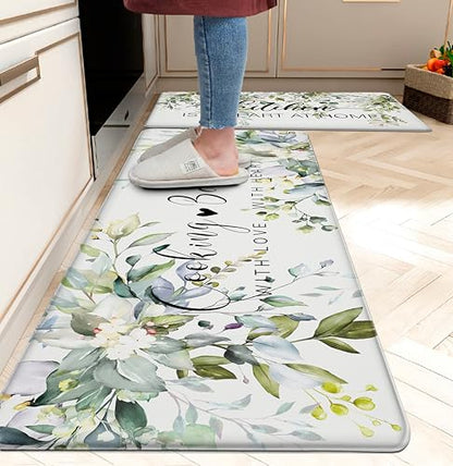Green Kitchen Rug Anti Fatigue Mats for Kitchen Floor Kitchen Rugs Sage Green Floral Herb Memory Foam Kitchen Mat Cushioned PVC Leather Kitchen Rug Set
