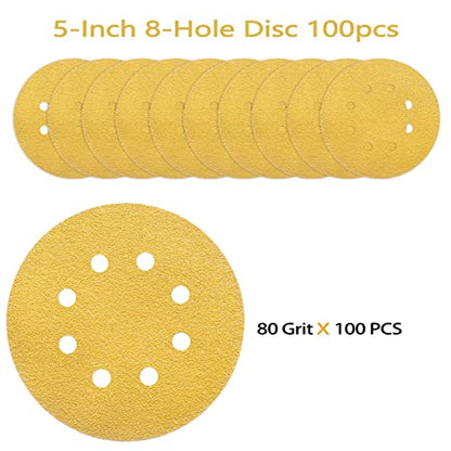100PCS 5 Inch Sanding Discs 80 Grit Random Orbit Sander Sandpaper (100 Count)