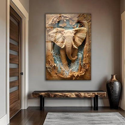 Rustic Elephant Printed Tempered Glass Wall Art Painting for Living Room