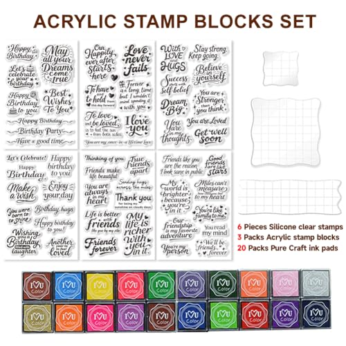 6 Pcs Greeting Words Clear Stamps for Card Making 20 Ink Pad (29 Count)