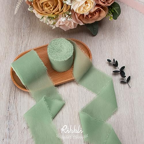 Sage Green Chiffon Ribbon 2 Inch x 20 Yard Handmade Fringe Chiffon Silk Ribbon Sage Ribbon for Gifts Wrapping (60 Foot)