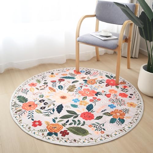 Round Rug 4ft Washable Circle Rug Non Slip Low Pile Boho Floral Small Circular Rug for Bedroom