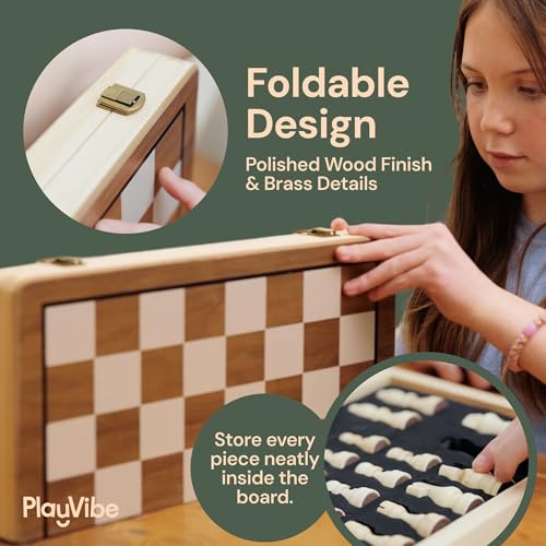 Wooden Chess Set 15'' & Checkers Board Games for All Players with 2 Extra Queens