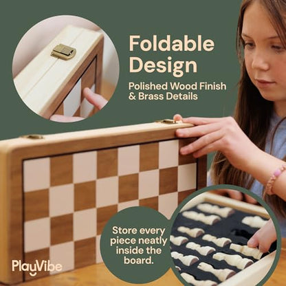 Wooden Chess Set 15'' & Checkers Board Games for All Players with 2 Extra Queens