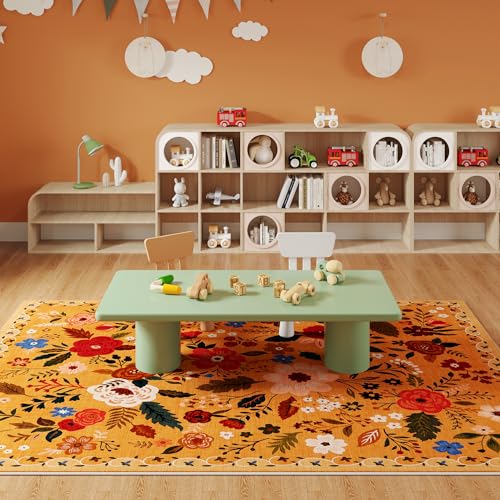 Living Room Rug 6x9 Rug Machine Washable Boho Area Rug Non Slip Floral Vintage Low Pile Large Rug for Living Room