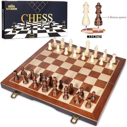 Chess Magnetic Wooden Chess Set 15" Unique Chess Board Game with Chess Pieces Storage Slots