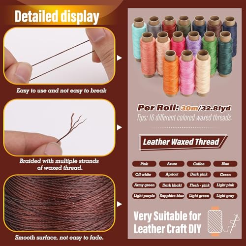 Waxed Thread 0.8mm 16pcs 32 Yard Leather Thread for Hand Sewing (98 Foot)