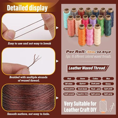 Waxed Thread 0.8mm 16pcs 32 Yard Leather Thread for Hand Sewing (98 Foot)