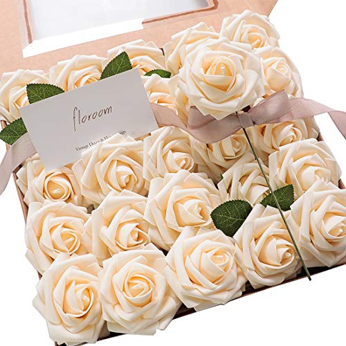 Artificial Flowers 25pcs Real Looking Champagne Foam Fake Roses with Stems for DIY Wedding Bouquets Bridal Shower Centerpieces Floral Arrangements Party Tables Home Decorations (25 Count)