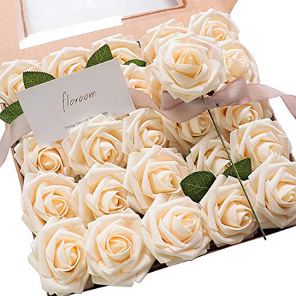 Artificial Flowers 50pcs Real Looking Champagne Foam Fake Roses with Stems for DIY Wedding Bouquets Bridal Shower Centerpieces Floral Arrangements Party Tables Home Decorations (50 Count)
