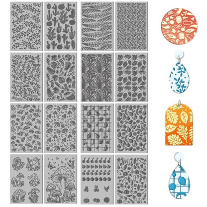 16 Sheets Banana and Apple Clay Texture Mat Mushroom Pattern Polymer Clay Texture Sheets DIY Tools for Pottery Earring Jewelry Making Stamp Engraving Machines