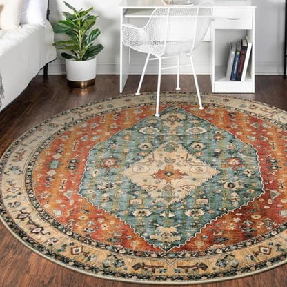 Felice Boho Tribal Round Rugs 6ft Washable Living Room Area Rug