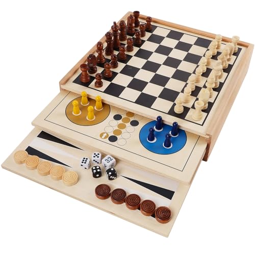 7-in-1 Wooden Board Game Set for Kids Adults, Tabletop Combo Classic Travel Portable Board Games (Chess, Checkers, Chinese Checkers, Backgammon, Parcheesi, Snakes and Ladders, Tic Tac Toe)