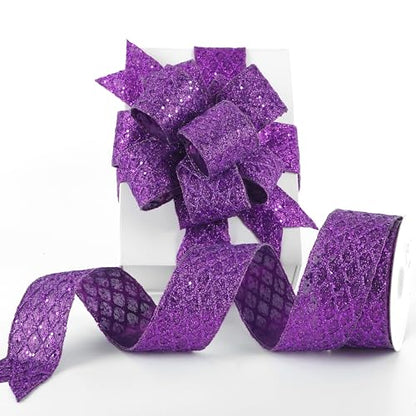 Purple Glitter Diamond Christmas Wired Ribbon 2.5 inch x 10 Yds (30 Foot)