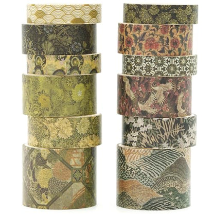 12 Rolls Kyoto Charm Washi Tape Set Japanese Arts Adhesive Tapes Geometric Garden Decorative Masking Tape Sets for Craft (12 Count)