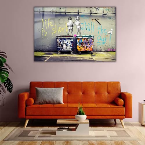 Banksy Peeing Boys Life Is Short Printed Tempered Glass Wall Art Painting for Living Room
