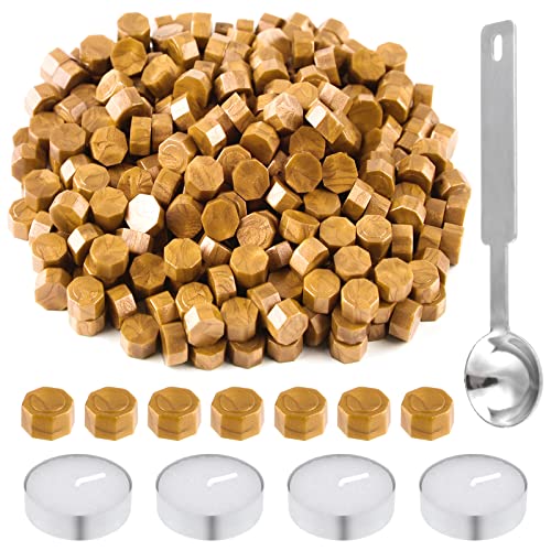 500 Pcs Octagon Sealing Wax Beads Gold Wax Seal Beads with 4 Pcs Tea Candles and 1 Pcs Wax Melting Spoon for Crafts Letter Wine Greeting Cards Sealing (7.7603 Ounce)