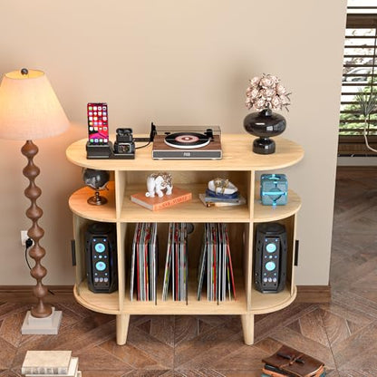 Large Round Record Player Stand with Charging Station & USB Ports