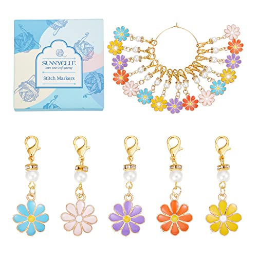 1 Box 30Pcs Stitch Markers Crochet Stitch Marker Daisy Flower Charms Pearl Beads Zipper Pull Clip On Removable Lobster Claw Clasp Charm Locking Knitting Markers for Weaving Sewing Quilting (30 Count)