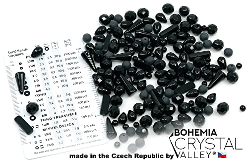 2.1oz (60g) of Glass Bead Mix with Drops, Table-Cut and fire Polish Czech Beads, Glossy & Matte Black (2.1164 Ounce)