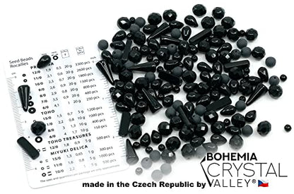 2.1oz (60g) of Glass Bead Mix with Drops, Table-Cut and fire Polish Czech Beads, Glossy & Matte Black (2.1164 Ounce)