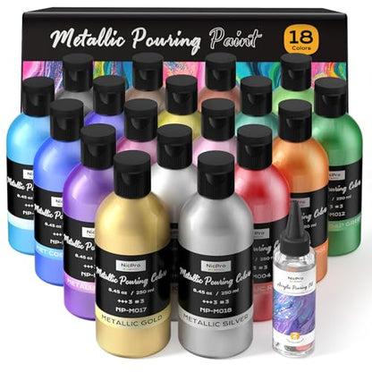 18 Colors 8.45oz Large Volume Metallic Acrylic Pour Paint Kit (152.1 Fl Oz)