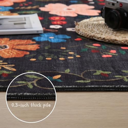 Round Rug 4ft Washable Circle Rug Non Slip Low Pile Boho Floral Small Circular Rug for Bedroom