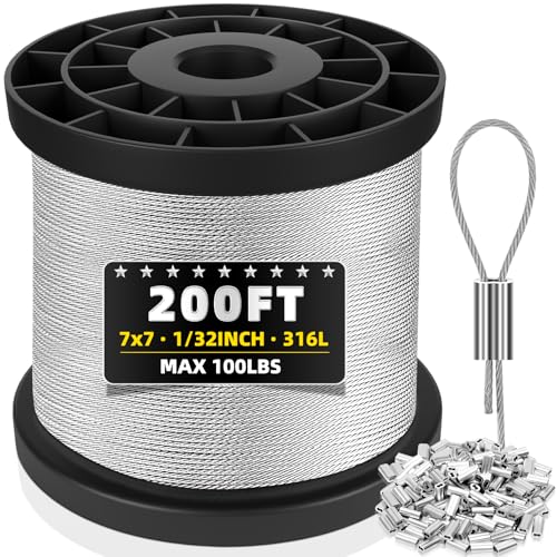 200FT 1 32IN T316 Stainless Steel Cable with 50Pcs Sleeves (200 Foot)