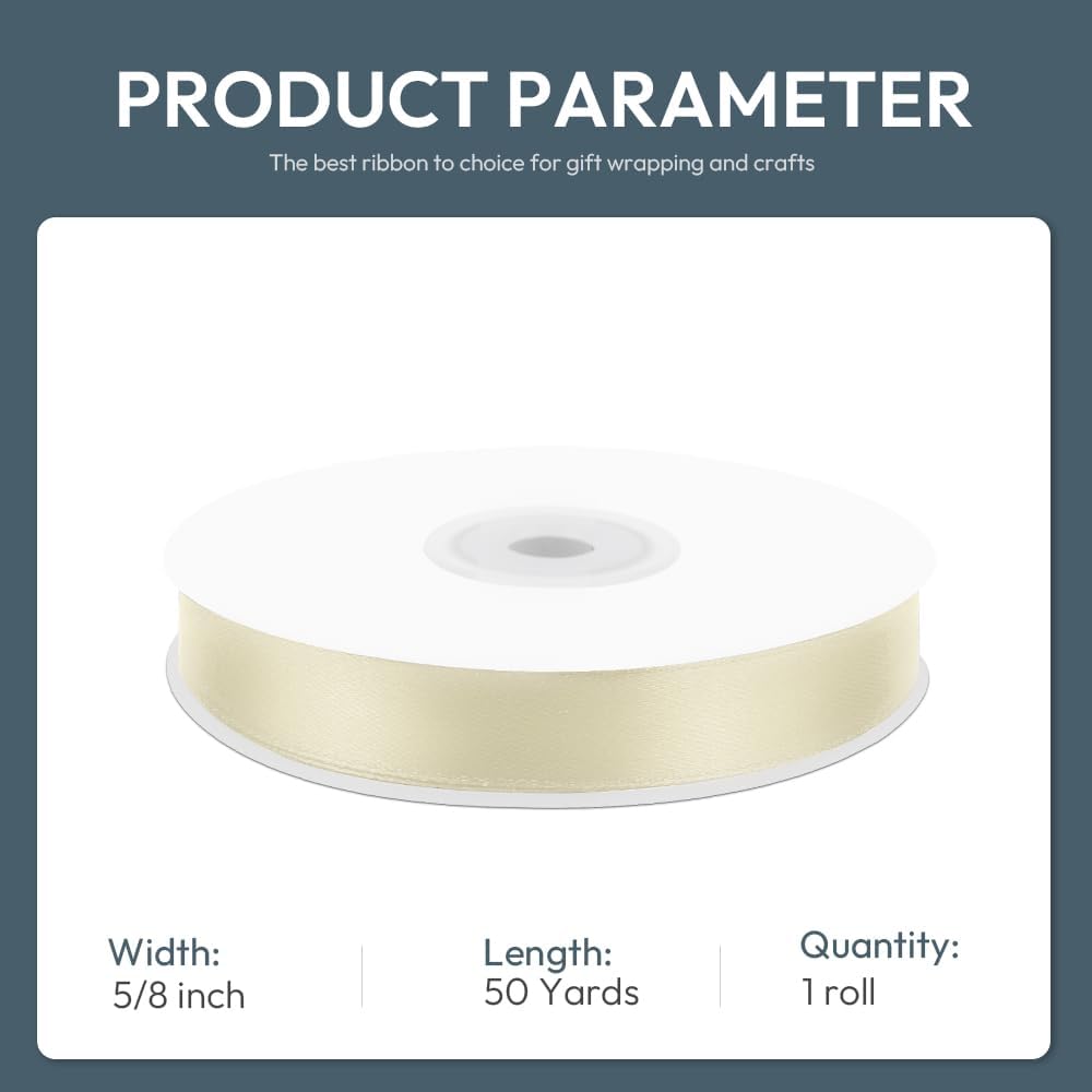 KMER LIFE 5/8" Wide x 50 Yards Ivory Single Faced Polyester Satin Ribbon - Perfect for Wedding Decor, Wreaths, Crafts, Gift Wrapping & Other Projects - Crafty Corner