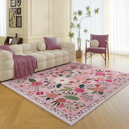 Living Room Rug 5x7 Rug Machine Washable Boho Area Rug Non Slip Floral Vintage Low Pile Large Rugs for Living Room