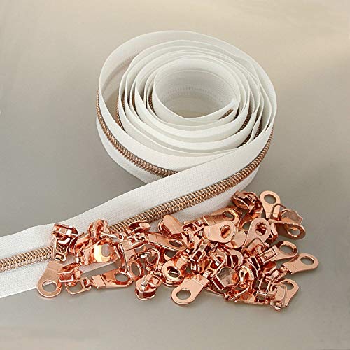 5 Rose Gold Metallic Nylon Coil Zippers by The Yard Bulk 10 Yards White Tape with 25pcs Rose Gold Sliders for DIY Sewing Tailor Craft Bag