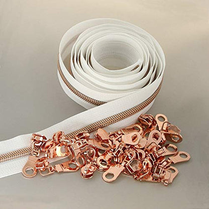 5 Rose Gold Metallic Nylon Coil Zippers by The Yard Bulk 10 Yards White Tape with 25pcs Rose Gold Sliders for DIY Sewing Tailor Craft Bag