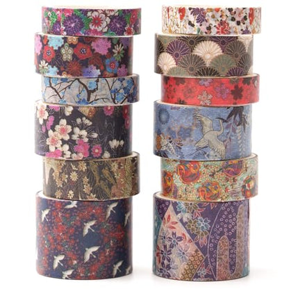 12 Rolls Kyoto Charm Washi Tape Set Japanese Arts Adhesive Tapes Geometric Garden Decorative Masking Tape Sets for Craft (12 Count)