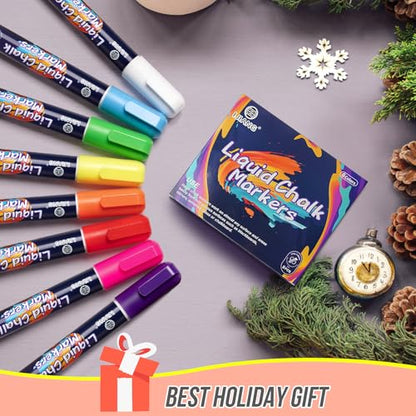 Chalk Markers 8 Vibrant Colors Set for Blackboard & Glass Surfaces (8 Count)