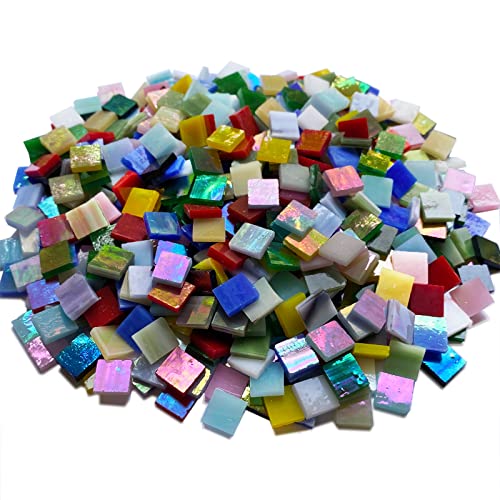 610 Pieces Iridescent Square Glass Mosaic Tiles for Crafts (15 Ounce)