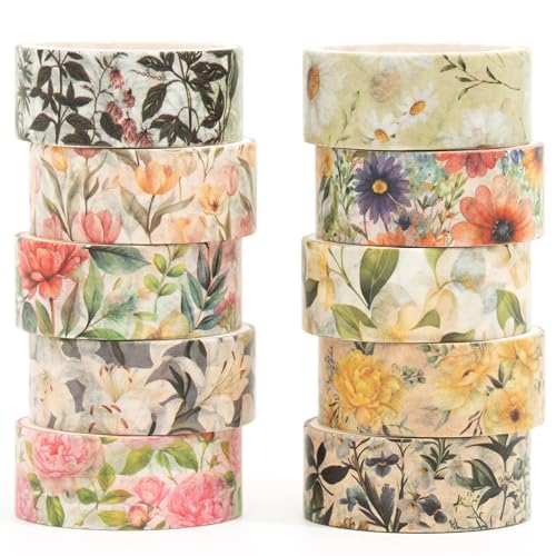 10 Rolls Blooming Flowers Washi Tape Set Floral Arts Adhesive Tapes Colorful Garden Decorative Masking Tape Sets for Craft (10 Count)