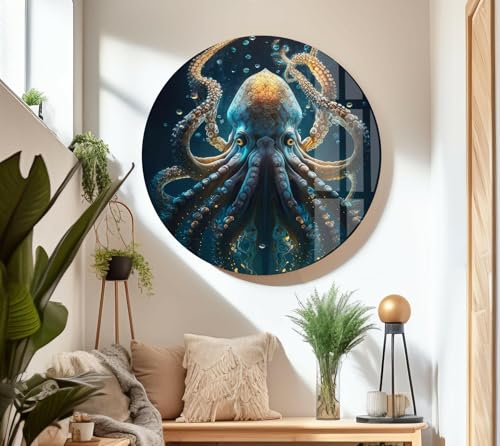 Round 24'' Underwater Blue Octopus Glass Wall Art Tempered Glass Printing Wall Decor Large Wall Art Wall Hangings