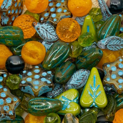 1.4oz (40g) Limited Mix of Czech Glass Beads, Hand Made Set Kit, Heart Leaf Beads and Striped Orange