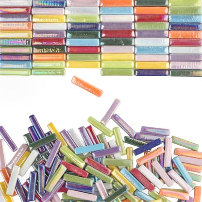 200g Assorted Iridescent Strips Glass Mosaic Tiles for Crafts (7.05 Ounce)