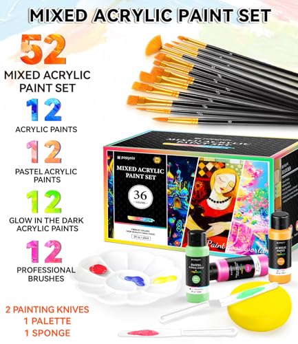 52 PCS Classic & Pastel & Glow in the Dark Acrylic Paint Set