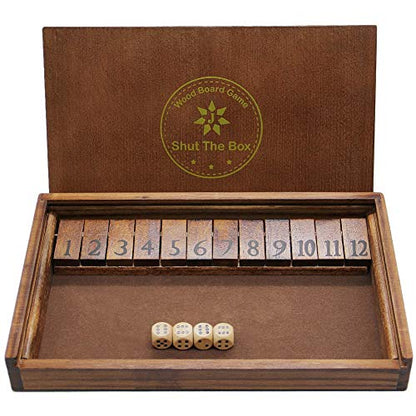 Shut The Box Wooden Board Dice Game with 12 Numbers and Lid for Kids Adults Families (12 Count)
