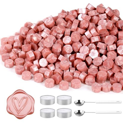 360Pcs Rose Gold Sealing Wax Beads with 2 Spoons and 4Pcs Tea Candles for Wax Seal Stamps (360 Count)